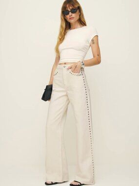 REFORMATION CARY HIGH RISE SLOUCHY STUDDED WIDE LEG LONG JEAN CREAM SIZE 26